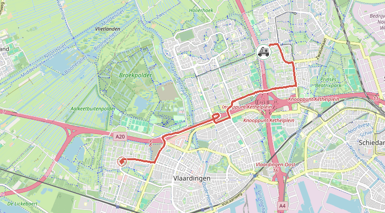 Kaart van de omgeving van de melding, met de kazerne die is gealarmeerd
