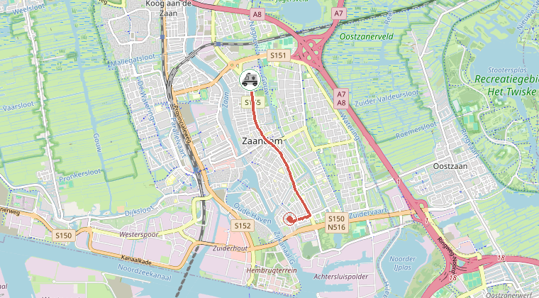 Kaart van de omgeving van de melding, met de kazerne die is gealarmeerd