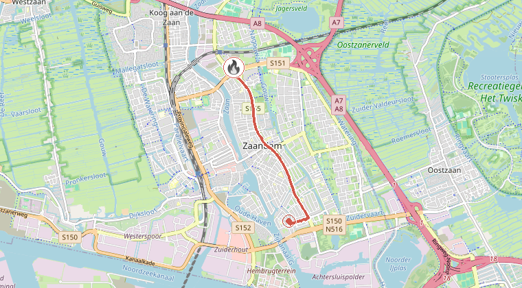 Kaart van de omgeving van de melding, met de kazerne die is gealarmeerd