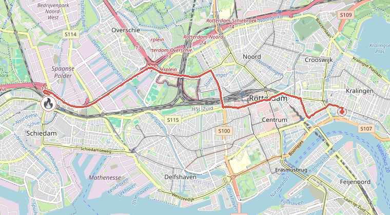 Kaart van de omgeving van de melding, met de kazerne die is gealarmeerd
