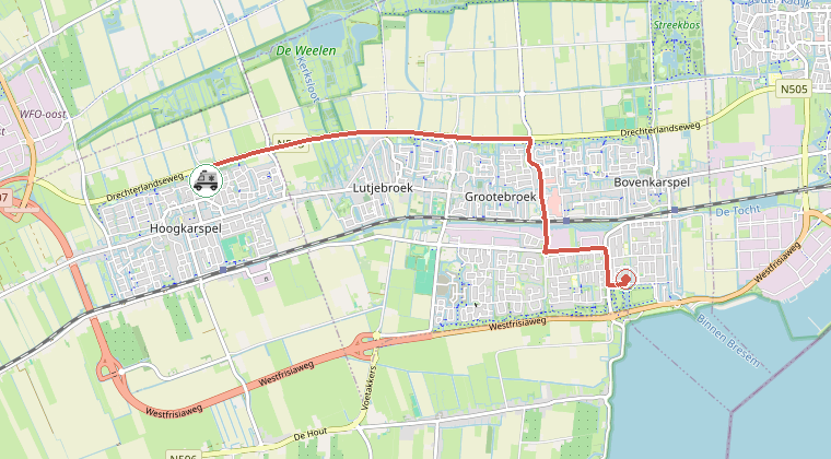 Kaart van de omgeving van de melding, met de kazerne die is gealarmeerd