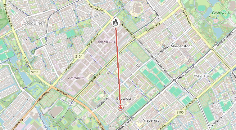 Kaart van de omgeving van de melding, met de kazerne die is gealarmeerd