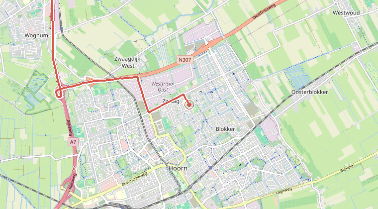 Kaart van de omgeving van de melding, met de kazerne die is gealarmeerd