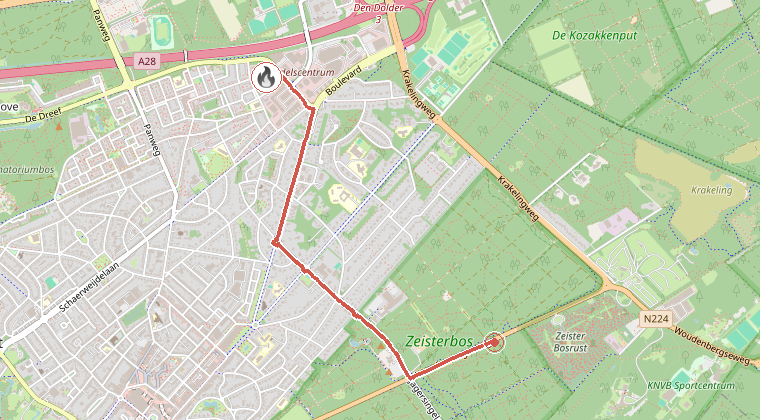 Kaart van de omgeving van de melding, met de kazerne die is gealarmeerd