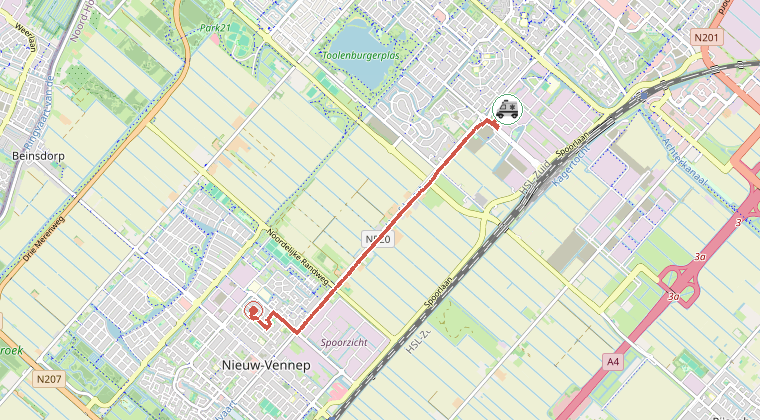Kaart van de omgeving van de melding, met de kazerne die is gealarmeerd