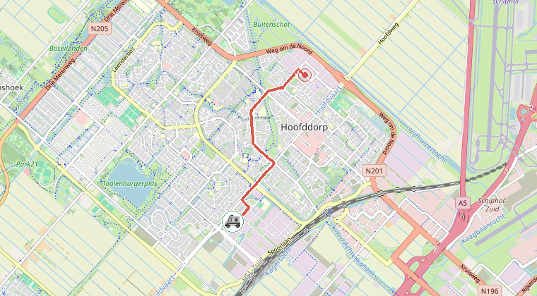 Kaart van de omgeving van de melding, met de kazerne die is gealarmeerd