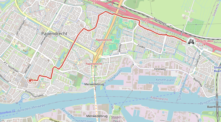 Kaart van de omgeving van de melding, met de kazerne die is gealarmeerd
