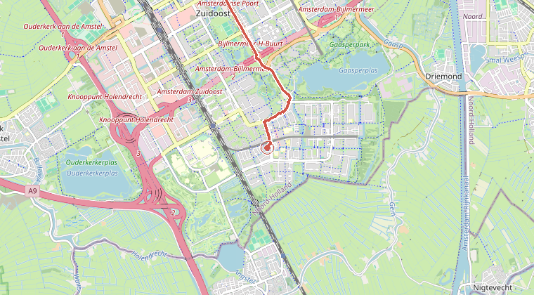 Kaart van de omgeving van de melding, met de kazerne die is gealarmeerd