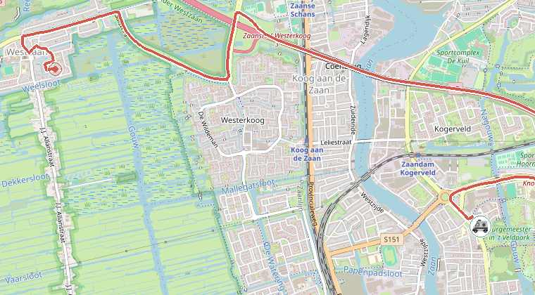 Kaart van de omgeving van de melding, met de kazerne die is gealarmeerd