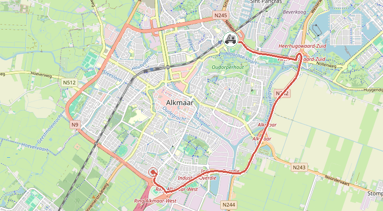 Kaart van de omgeving van de melding, met de kazerne die is gealarmeerd