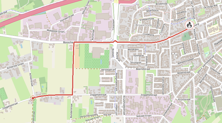 Kaart van de omgeving van de melding, met de kazerne die is gealarmeerd