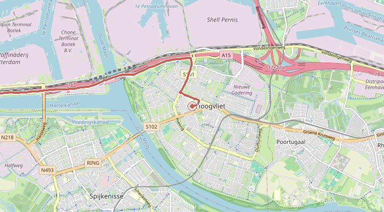 Kaart van de omgeving van de melding, met de kazerne die is gealarmeerd