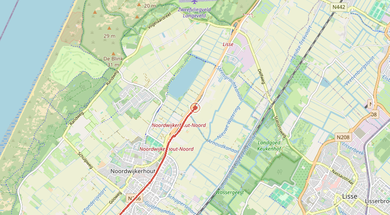 Kaart van de omgeving van de melding, met de kazerne die is gealarmeerd