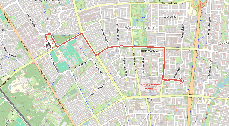 Kaart van de omgeving van de melding, met de kazerne die is gealarmeerd