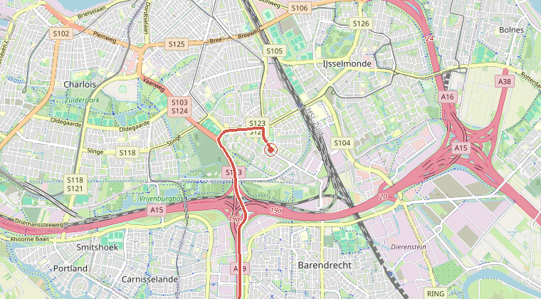 Kaart van de omgeving van de melding, met de kazerne die is gealarmeerd