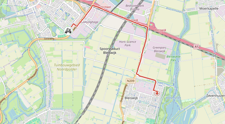 Kaart van de omgeving van de melding, met de kazerne die is gealarmeerd