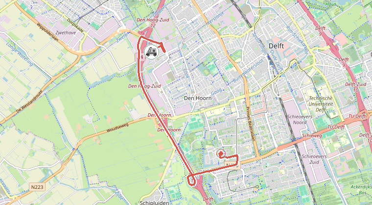 Kaart van de omgeving van de melding, met de kazerne die is gealarmeerd