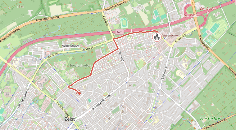 Kaart van de omgeving van de melding, met de kazerne die is gealarmeerd