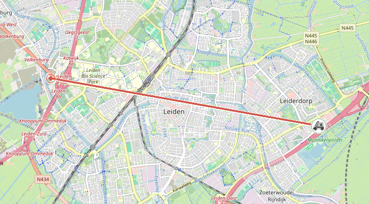 Kaart van de omgeving van de melding, met de kazerne die is gealarmeerd