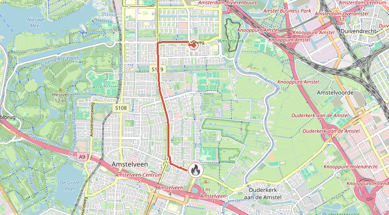 Kaart van de omgeving van de melding, met de kazerne die is gealarmeerd