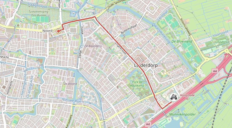 Kaart van de omgeving van de melding, met de kazerne die is gealarmeerd
