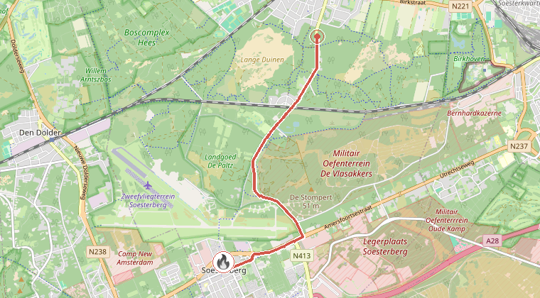 Kaart van de omgeving van de melding, met de kazerne die is gealarmeerd