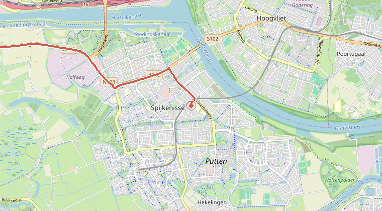Kaart van de omgeving van de melding, met de kazerne die is gealarmeerd