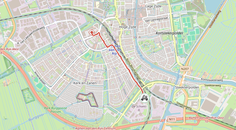 Kaart van de omgeving van de melding, met de kazerne die is gealarmeerd