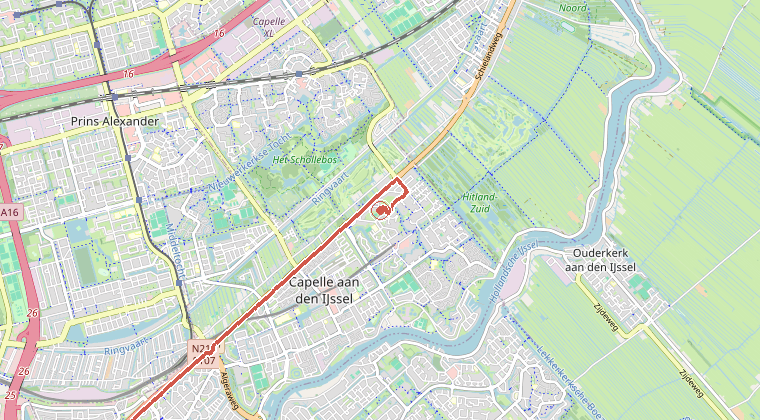 Kaart van de omgeving van de melding, met de kazerne die is gealarmeerd