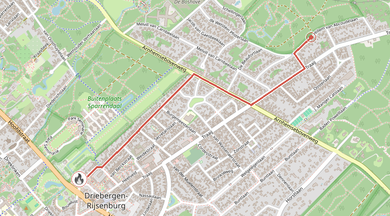 Kaart van de omgeving van de melding, met de kazerne die is gealarmeerd