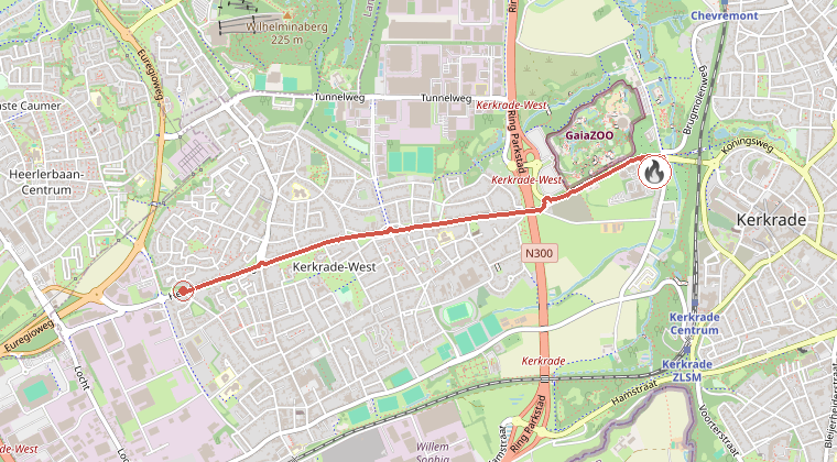 Kaart van de omgeving van de melding, met de kazerne die is gealarmeerd