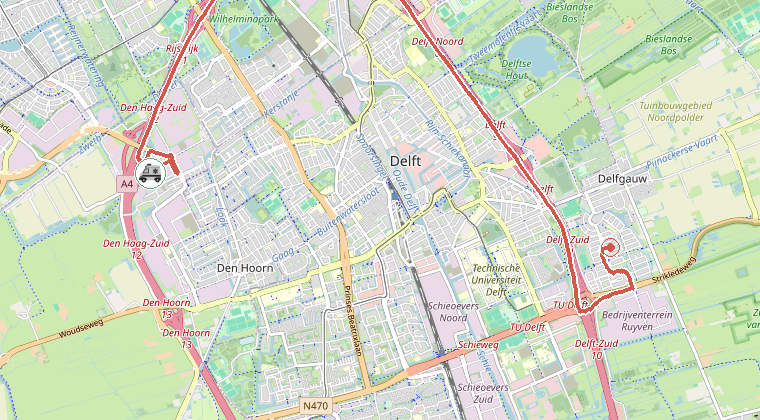 Kaart van de omgeving van de melding, met de kazerne die is gealarmeerd