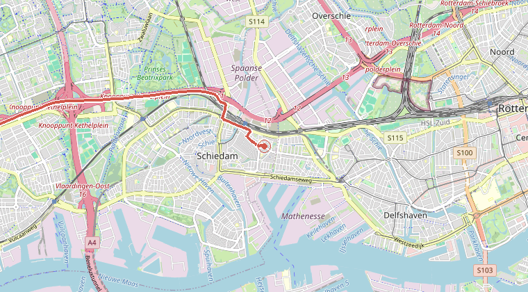 Kaart van de omgeving van de melding, met de kazerne die is gealarmeerd