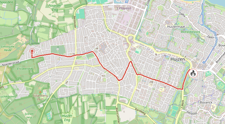 Kaart van de omgeving van de melding, met de kazerne die is gealarmeerd