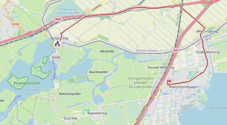 Kaart van de omgeving van de melding, met de kazerne die is gealarmeerd