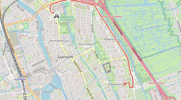 Kaart van de omgeving van de melding, met de kazerne die is gealarmeerd