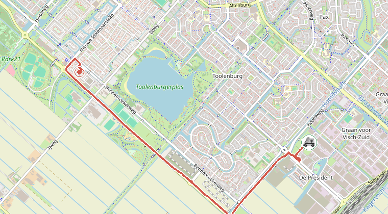 Kaart van de omgeving van de melding, met de kazerne die is gealarmeerd