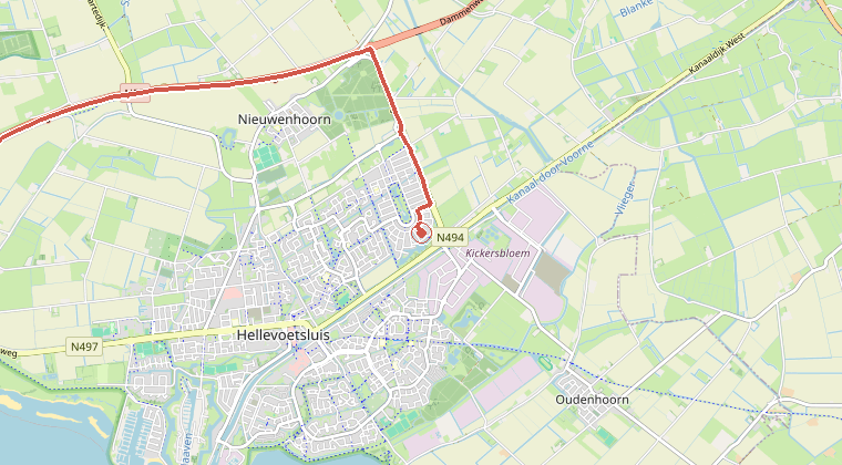 Kaart van de omgeving van de melding, met de kazerne die is gealarmeerd