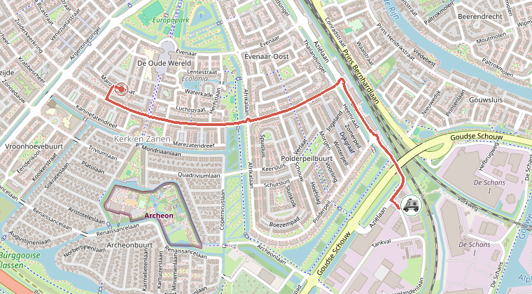 Kaart van de omgeving van de melding, met de kazerne die is gealarmeerd