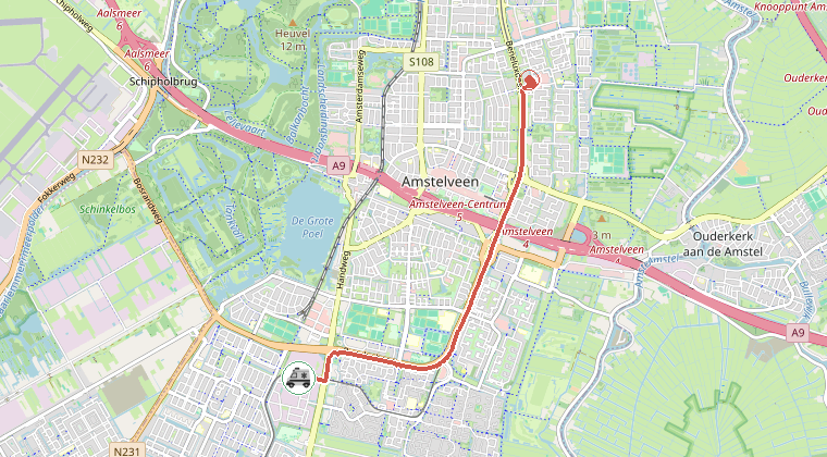Kaart van de omgeving van de melding, met de kazerne die is gealarmeerd