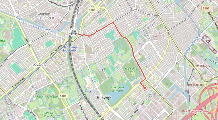 Kaart van de omgeving van de melding, met de kazerne die is gealarmeerd