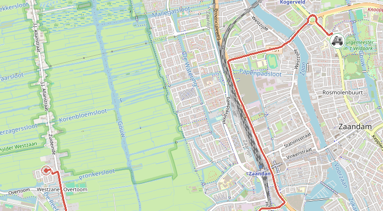 Kaart van de omgeving van de melding, met de kazerne die is gealarmeerd