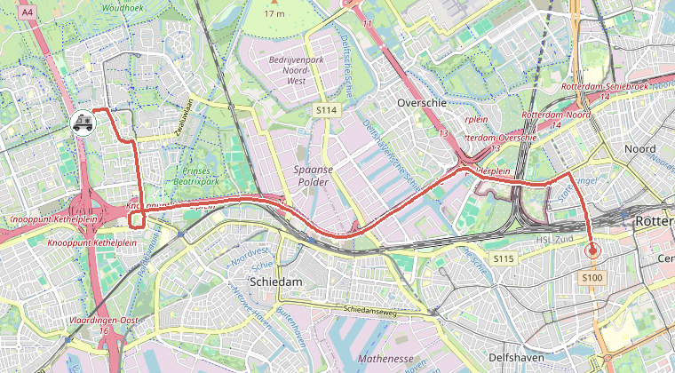 Kaart van de omgeving van de melding, met de kazerne die is gealarmeerd