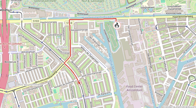 Kaart van de omgeving van de melding, met de kazerne die is gealarmeerd