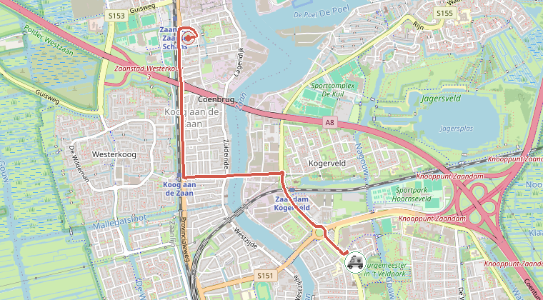 Kaart van de omgeving van de melding, met de kazerne die is gealarmeerd