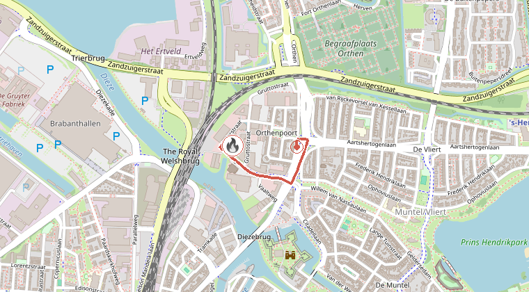 Kaart van de omgeving van de melding, met de kazerne die is gealarmeerd