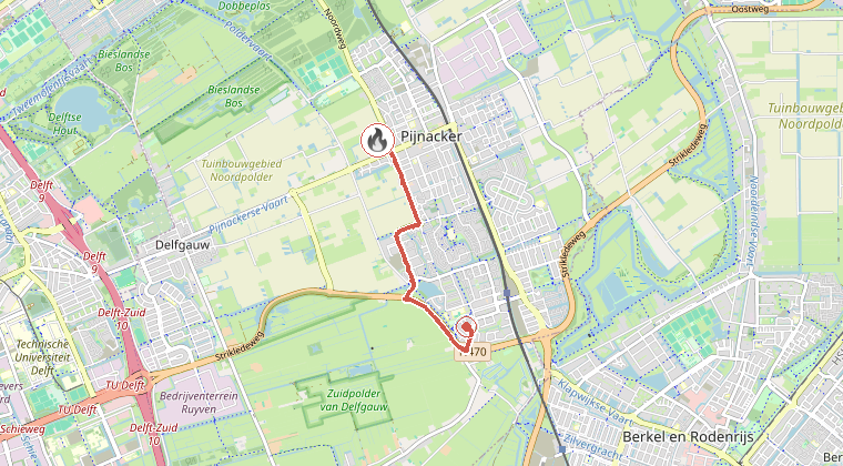 Kaart van de omgeving van de melding, met de kazerne die is gealarmeerd