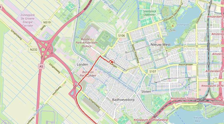 Kaart van de omgeving van de melding, met de kazerne die is gealarmeerd
