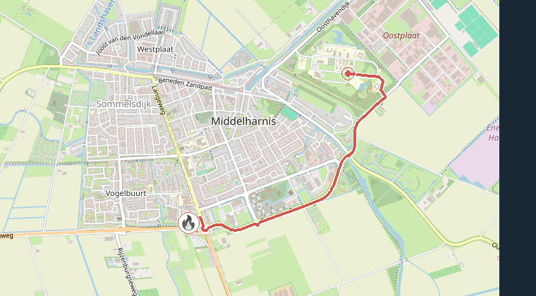 Kaart van de omgeving van de melding, met de kazerne die is gealarmeerd