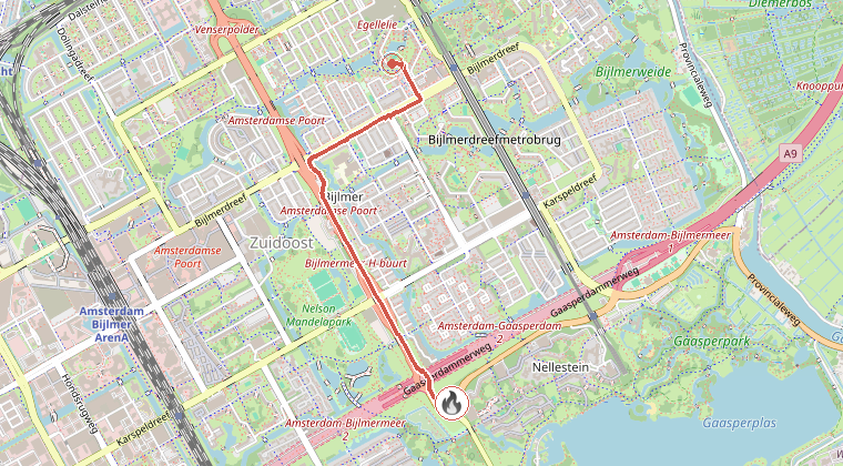Kaart van de omgeving van de melding, met de kazerne die is gealarmeerd